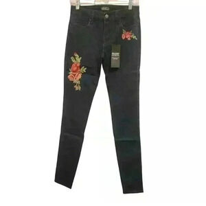 Alloy Apparel Power Stretch Medium Rise Dark Wash Embroidery Detail Skinny Jeans